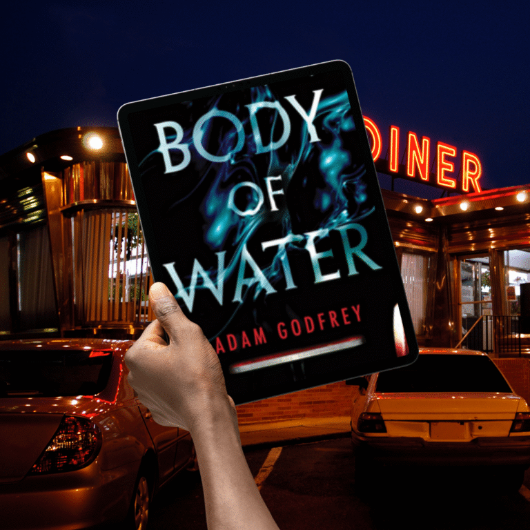 ereader in front of diner