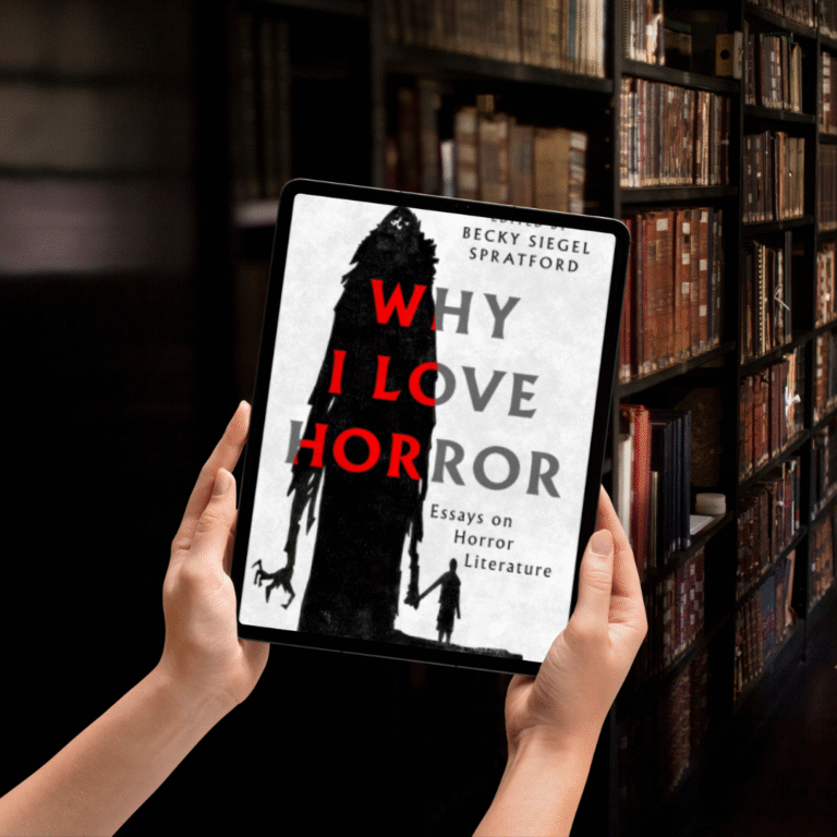 e reader holding why i love horror book background is a library darkly lit
