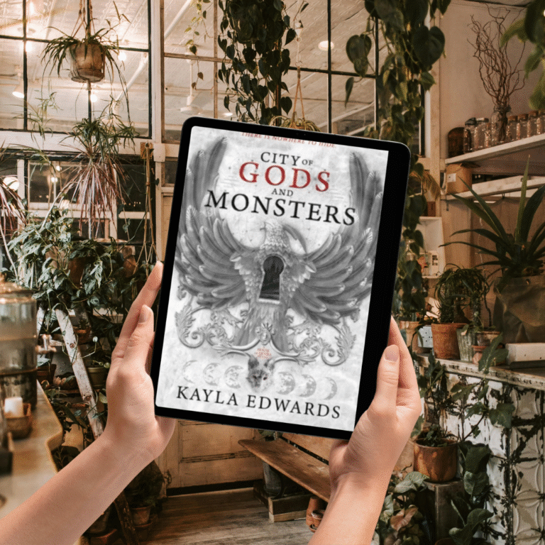 Plant Store with ereader being held up with hands cover is of city of gods and monsters