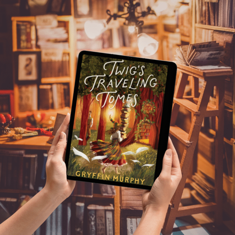 A woman holding up a Kindle in a bookstore. The Kindle shows the cover of Twig's traveling tomes