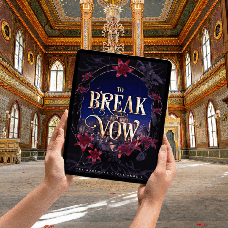 An ereader showing the cover of to break a vow background is a throne room