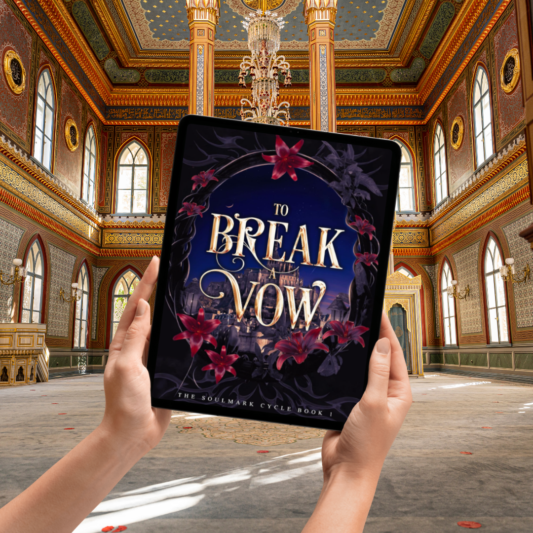 An ereader showing the cover of to break a vow background is a throne room