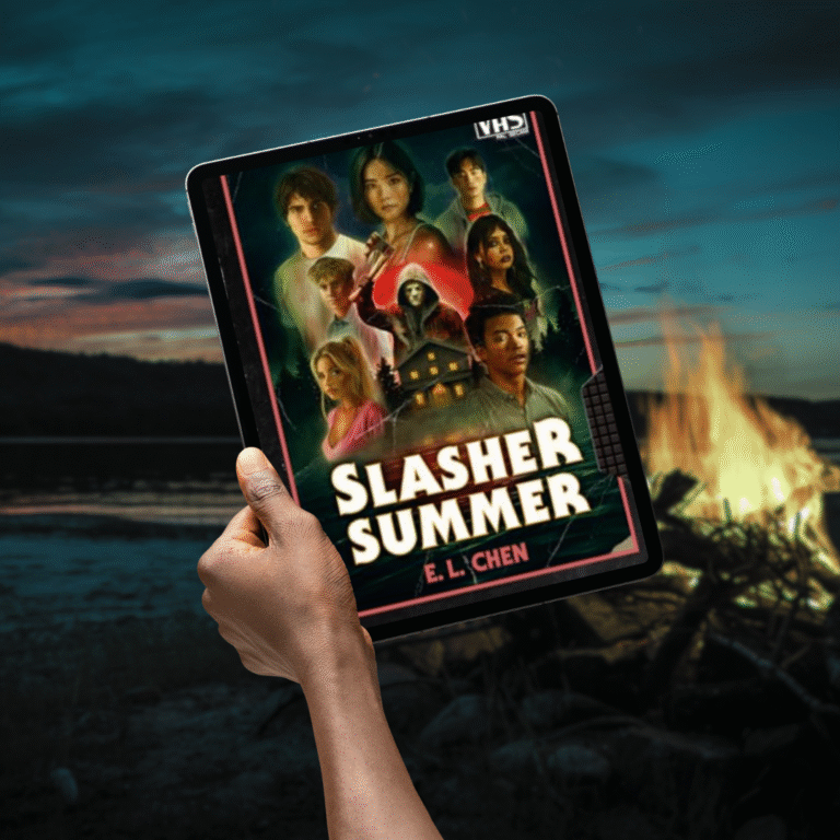 an ereader being held up by a hand the setting is in a lake at night next to a campfire